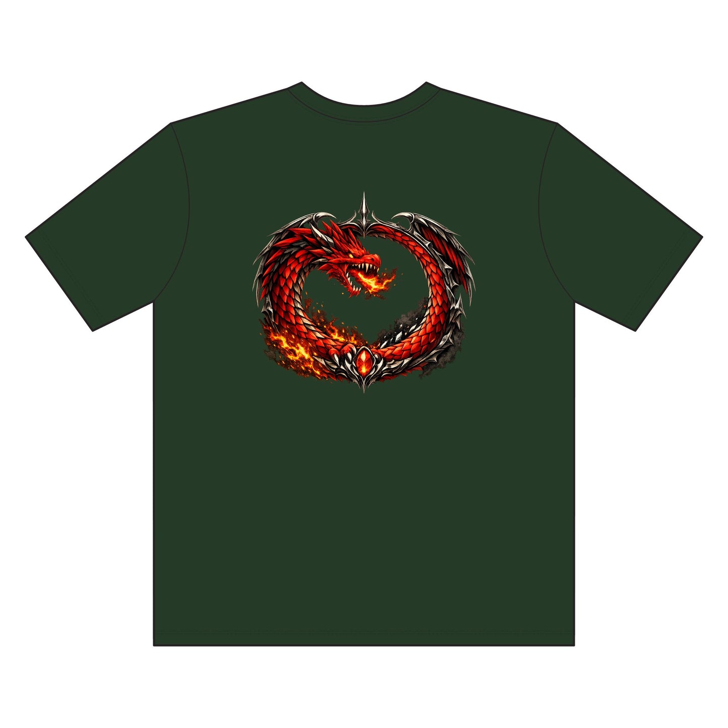 Fiery Dragon Ouroboros Graphic Tee — Chest Patch & Large Back Design
