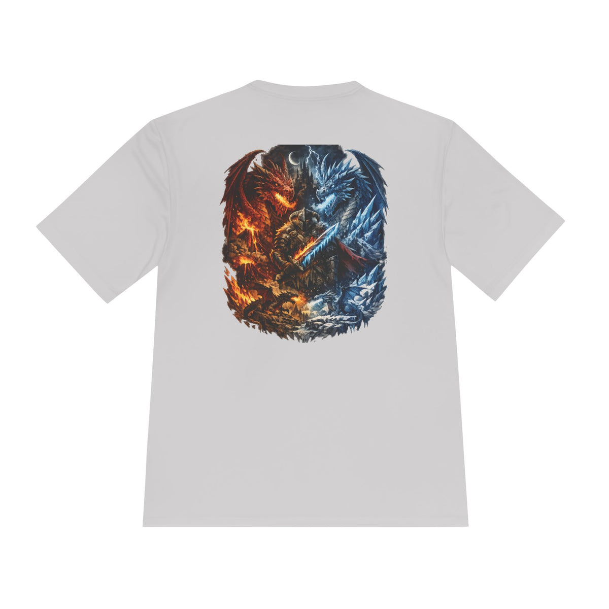 Dragon Duel Moisture-Wicking Tee — Fire vs Ice Fantasy Graphic